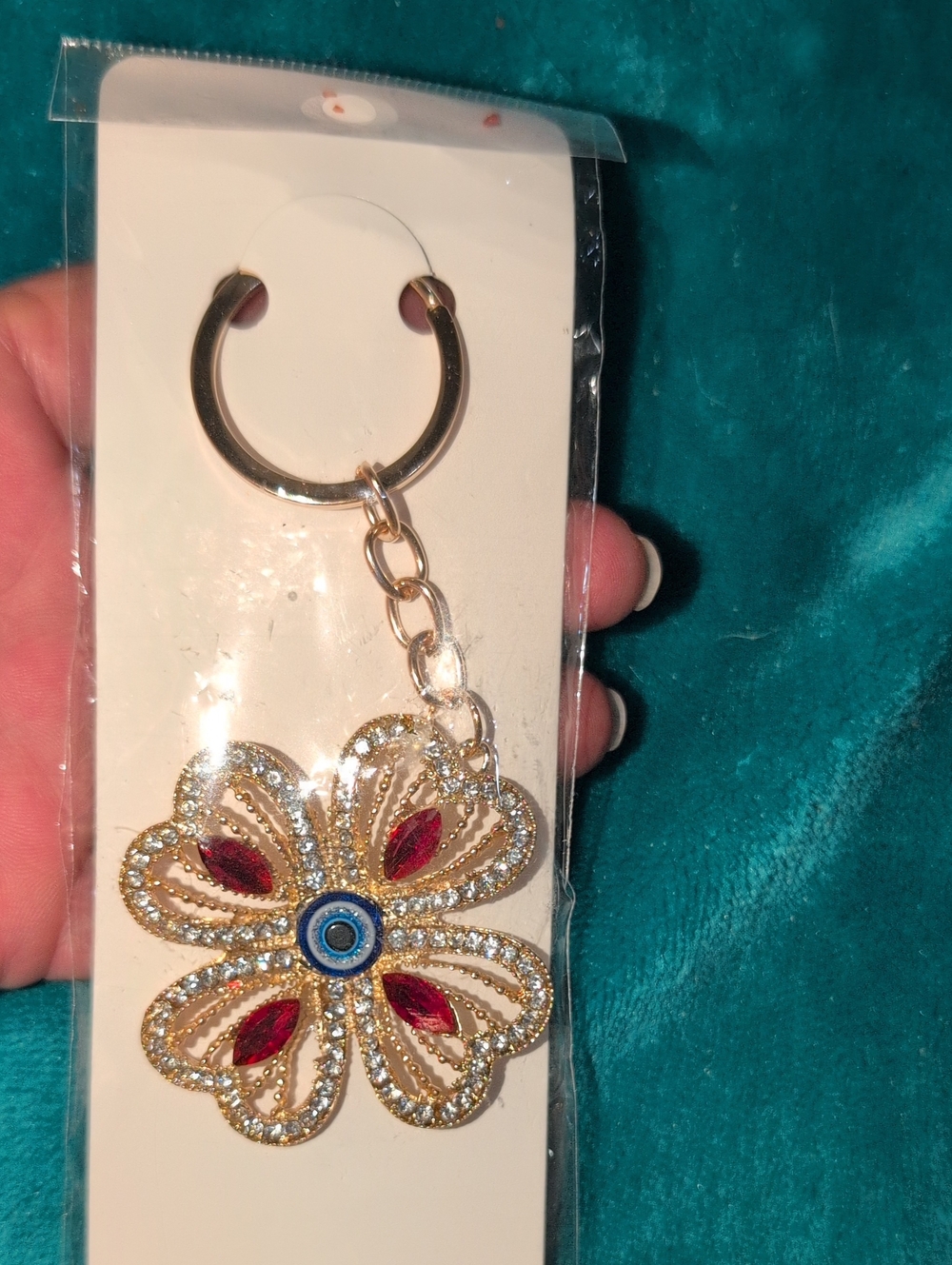 Gold Floral Evil Eye Keychain with Red And Crystal Accents